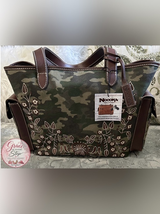 Nocona Boots Handbags - NWT Nocona XL, Camo Green/Brown Floral Embroidered Conceal Carry Satchel